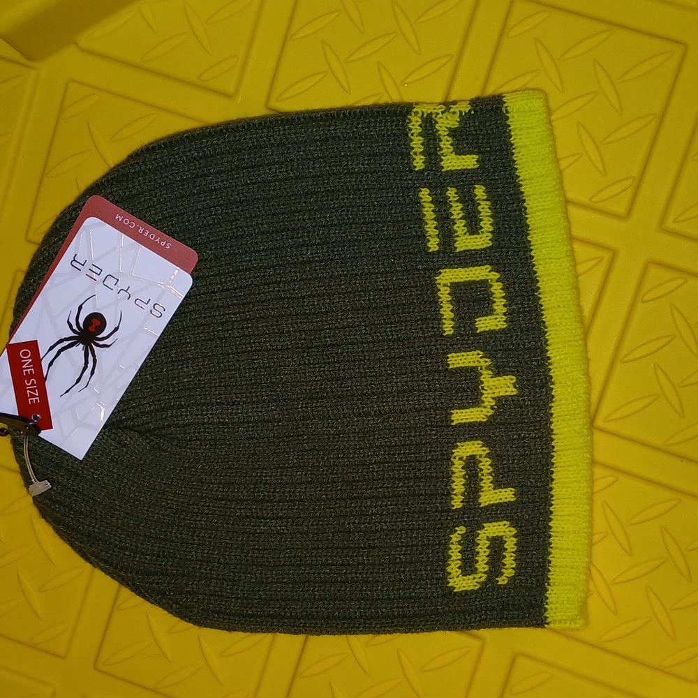 Spyder Olive Knit Beanie with Bright Yellow Trim